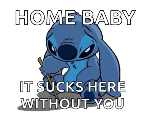 A Picture Of Stitch Holding A Stick With The Words Home Baby It Sucks Here Without You GIF