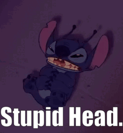 A Picture Of Stitch With The Words Stupid Head On The Bottom GIF