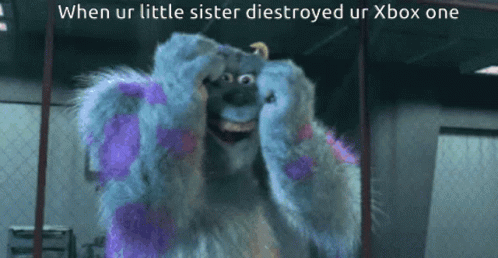 A Picture Of Sulley From Monsters Inc With A Caption That Says When Ur Little Sister Died Ur Xbox One GIF