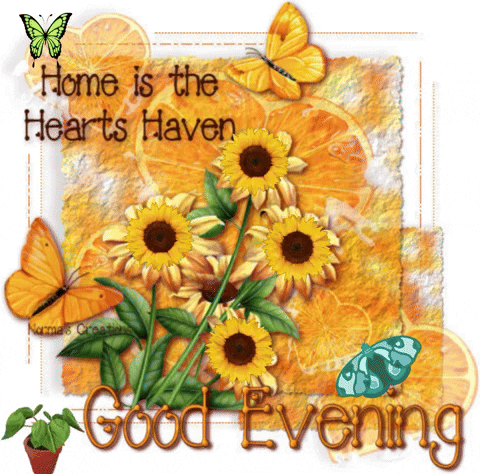 A Picture Of Sunflowers And Butterflies With The Words Home Is The Hearts Haven Good Evening GIF