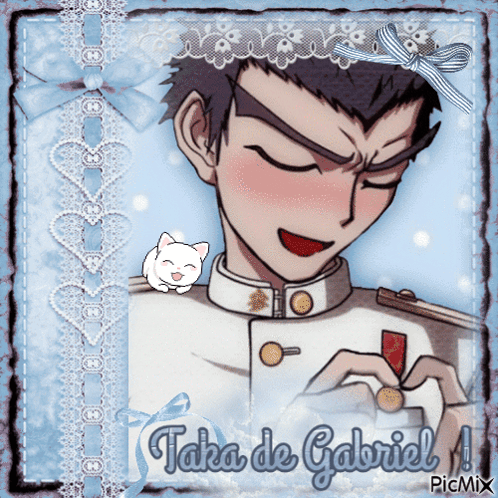 a picture of taka de gabriel with a cat sitting on his head