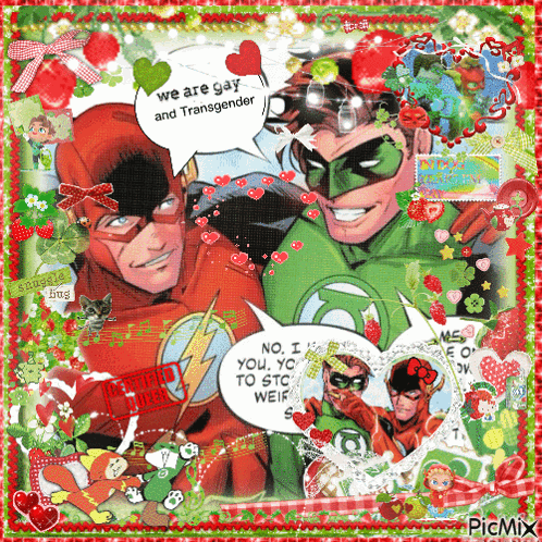 A Picture Of The Flash And Green Lantern With A Speech Bubble Saying We Are Gay And Transgender GIF