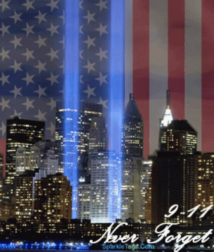 A Picture Of The Twin Towers With The Words Never Forget GIF