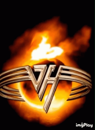 A Picture Of The Van Halen Band Logo On A Fire Background GIF