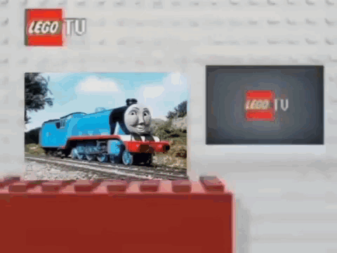 A Picture Of Thomas The Tank Engine On A Lego Tv Screen GIF