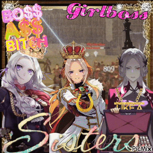 A Picture Of Three Anime Girls With The Words Boss Ass Bitch And Girlboss GIF