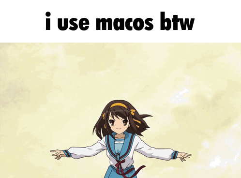 A Picture Of Three Anime Girls With Their Arms In The Air And The Words I Use Macos Btw Above Them GIF