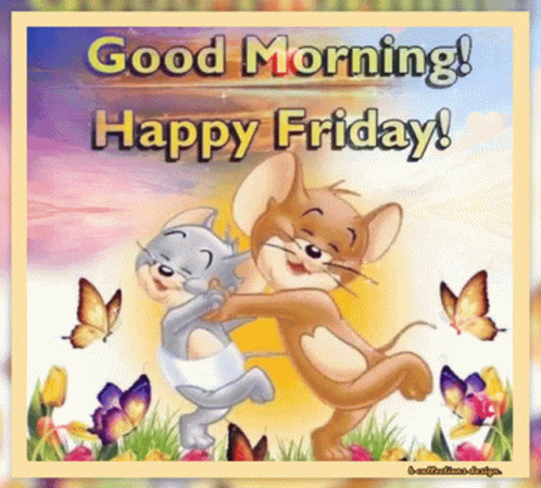 A Picture Of Tom And Jerry Hugging Each Other With The Words " Good Morning Happy Friday " GIF