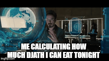 A Picture Of Tony Stark From Iron Man Calculating How Much Djath I Can Eat Tonight . GIF