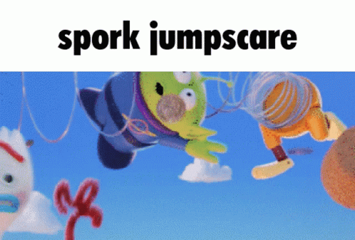 A Picture Of Toy Story Characters With The Words Spork Jumpscare Below Them GIF