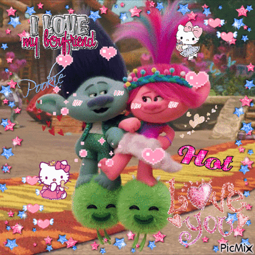 A Picture Of Trolls With The Words " I Love My Boyfriend " GIF