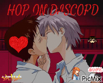 A Picture Of Two Anime Characters Kissing With The Words Hop On Discord Behind Them GIF