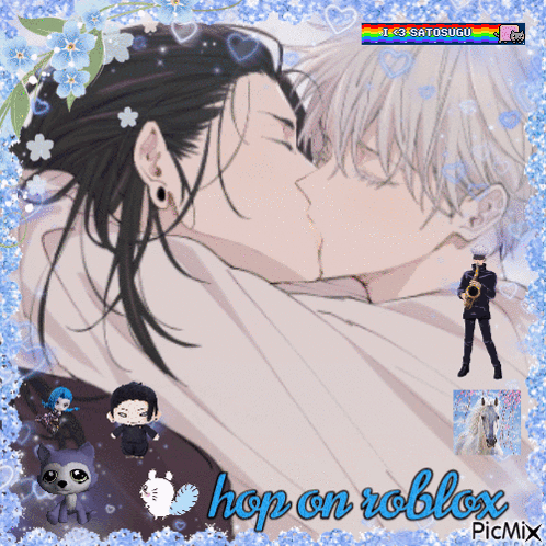 A Picture Of Two Anime Characters Kissing With The Words Hop On Roblox GIF