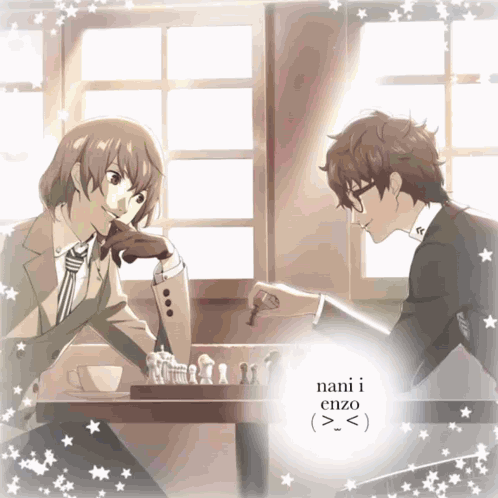 a picture of two anime characters playing chess with the name nani i enzo written on the bottom
