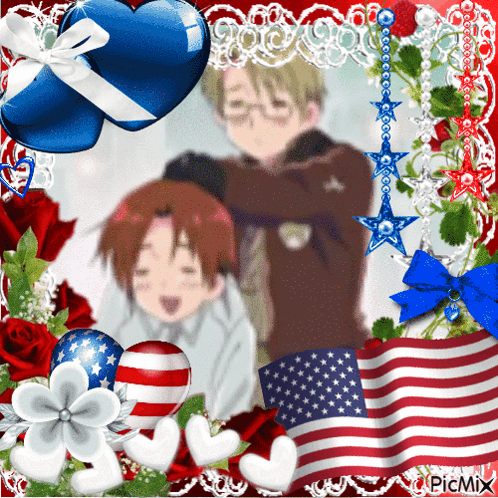 A Picture Of Two Anime Characters Surrounded By American Flags GIF
