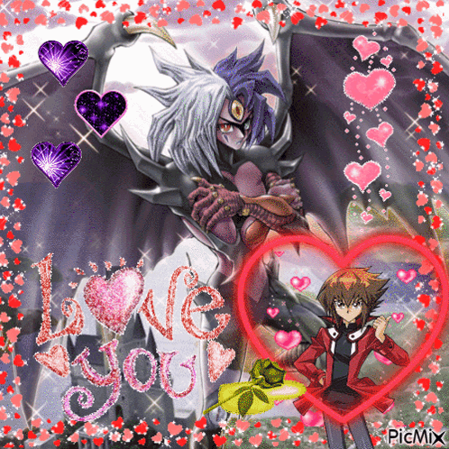 A Picture Of Two Anime Characters With Hearts And The Words Love You On The Bottom GIF
