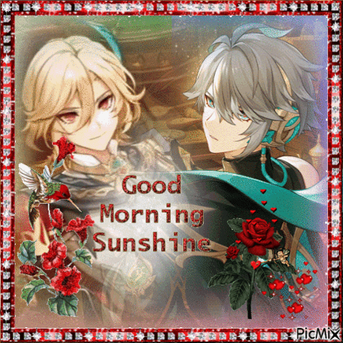 A Picture Of Two Anime Characters With The Words Good Morning Sunshine Written On It GIF