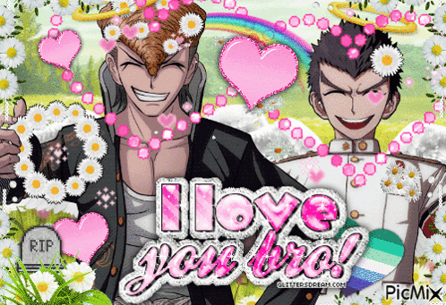 A Picture Of Two Anime Characters With The Words " I Love You Bro " On It GIF