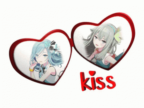 A Picture Of Two Anime Girls In Hearts With The Word Kiss Below Them GIF