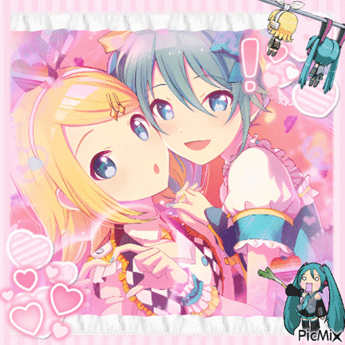 A Picture Of Two Anime Girls On A Pink Background With Hearts And Picmix GIF