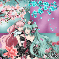 A Picture Of Two Anime Girls Surrounded By Flowers And A Butterfly GIF