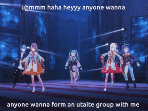 A Picture Of Two Anime Girls With The Caption Uhmm Haha Heyy Anyone Wanna Anyone Wanna Form An Utaite Group GIF