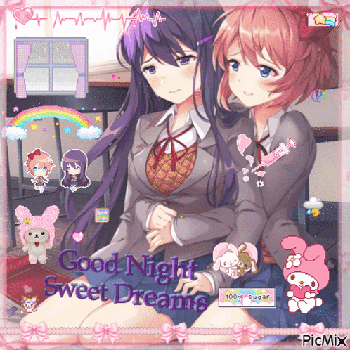 A Picture Of Two Anime Girls With The Words Good Night Sweet Dreams On It GIF