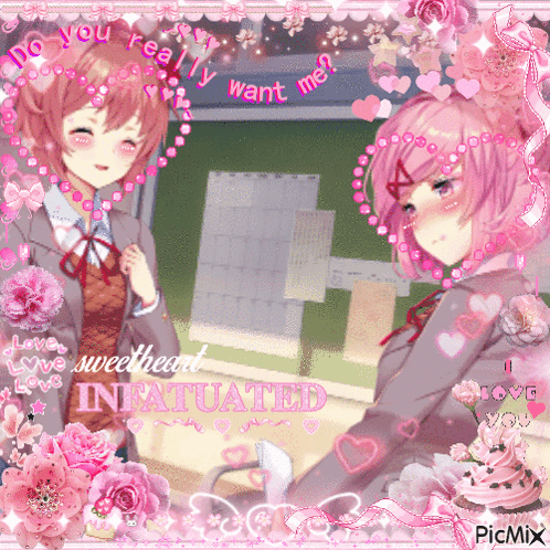 A Picture Of Two Anime Girls With The Words " Sweetheart Infatuated " On It GIF