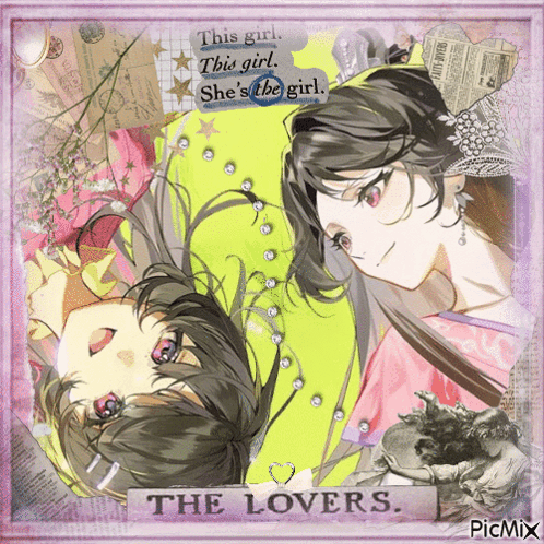 A Picture Of Two Anime Girls With The Words " The Lovers " On It GIF