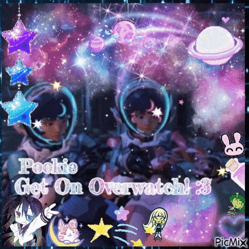 A Picture Of Two Astronauts With The Words " Pookie Get On Overwatch 3 " GIF
