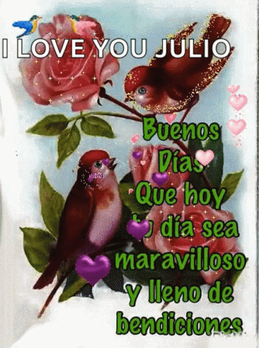 A Picture Of Two Birds And Roses With The Words " I Love You Julio " On The Bottom GIF