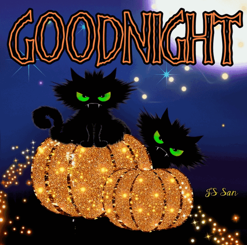 A Picture Of Two Black Cats On Pumpkins With The Words Goodnight GIF