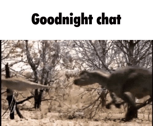 A Picture Of Two Dinosaurs With The Words " Goodnight Chat " Above Them GIF