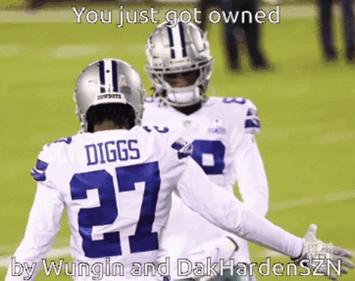 A Picture Of Two Football Players With The Caption " You Just Got Owned By Wungin And Dakhardenszn " GIF