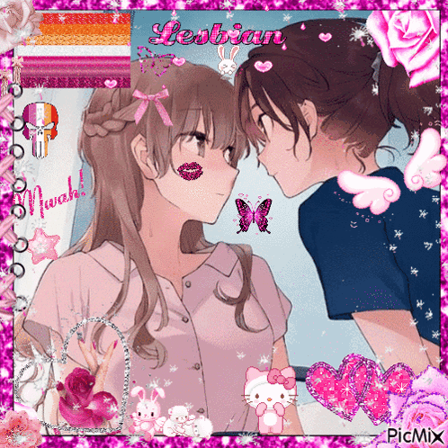 Two Girls Kissing With Lesbian Text GIF