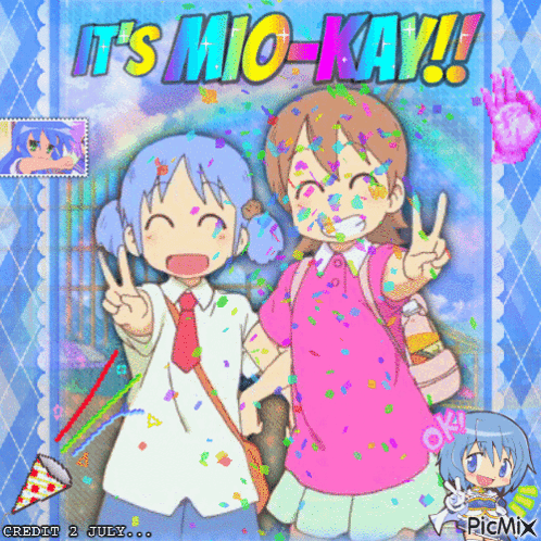 a picture of two girls with the words it 's mio-kay written on it