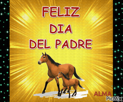 A Picture Of Two Horses With The Words Feliz Dia Del Padre Written Above Them GIF