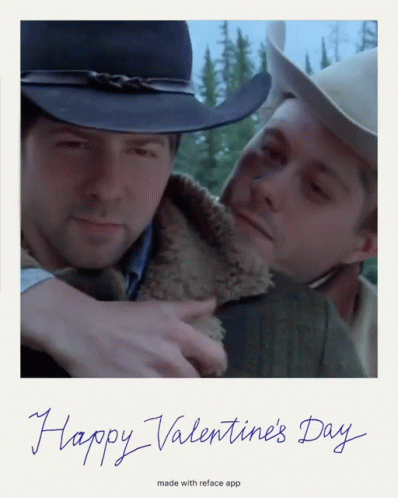 A Picture Of Two Men Hugging With The Words Happy Valentine 'S Day Made With Reface App GIF