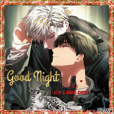 A Picture Of Two Men Kissing With The Words Good Night Ich Liebe Dich Written On The Bottom GIF