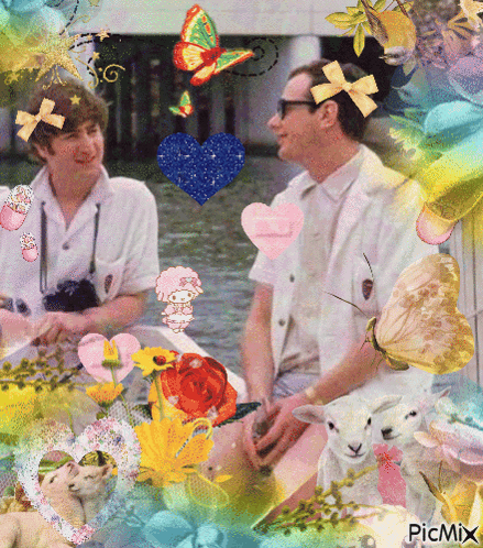 a picture of two men surrounded by flowers and butterflies with the words picmix on the bottom