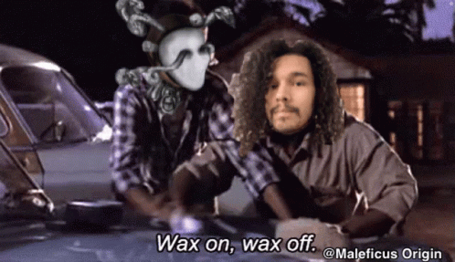 A Picture Of Two Men Waxing A Car With The Caption Wax On Wax Off Maleficus Origin GIF