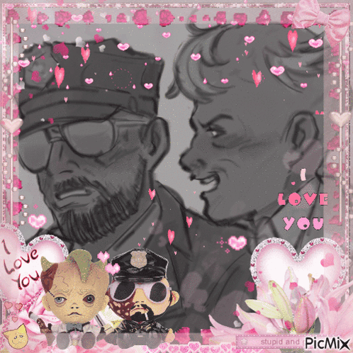 A Picture Of Two Men With Hearts And The Words I Love You On The Bottom GIF