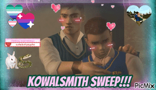 A Picture Of Two Men With Hearts And The Words Kowalsmith Sweep !!! GIF
