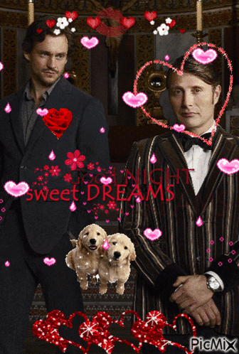 A Picture Of Two Men With Hearts Around Them And The Words Sweet Dreams On The Bottom GIF