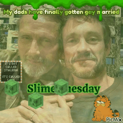 A Picture Of Two Men With The Caption " My Dads Have Finally Gotten Gay N Arrived Slime Tiesday " GIF
