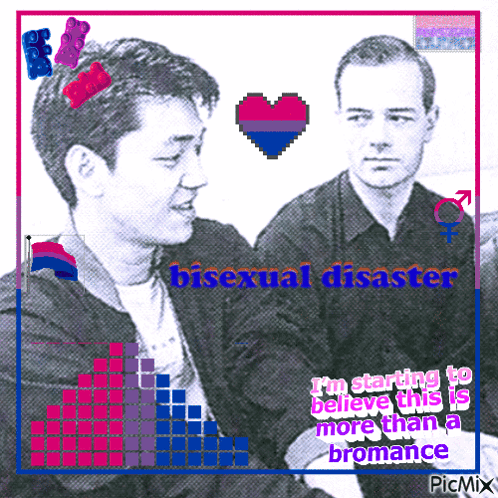 A Picture Of Two Men With The Words Bisexual Disaster GIF