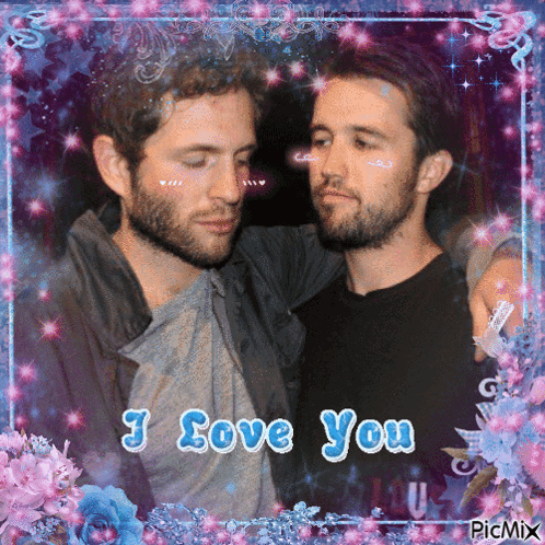 A Picture Of Two Men With The Words " I Love You " On It GIF