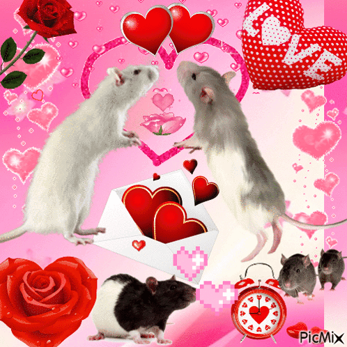 A Picture Of Two Mice Standing Next To An Envelope With Hearts In It GIF