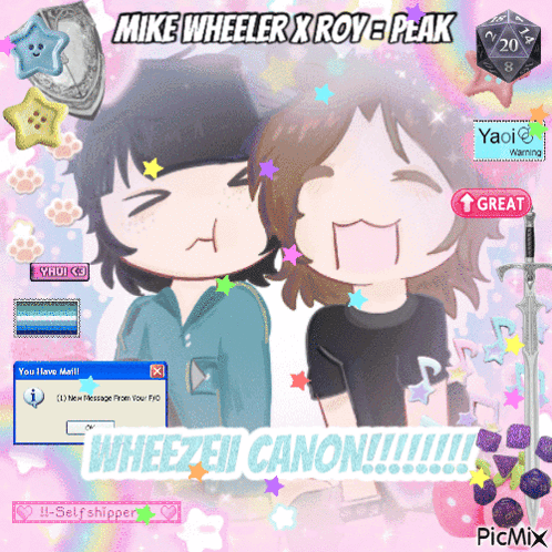 A Picture Of Two People With The Words Mike Wheeler X Roye Peak On The Bottom GIF