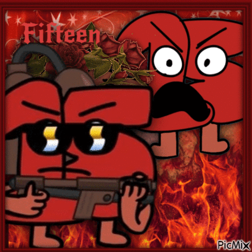 A Picture Of Two Red Cartoon Characters With The Words Fifteen On The Bottom GIF